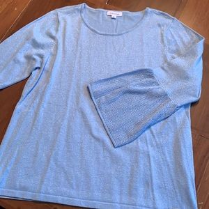 Metallic baby blue Calvin Klein bell sleeved top